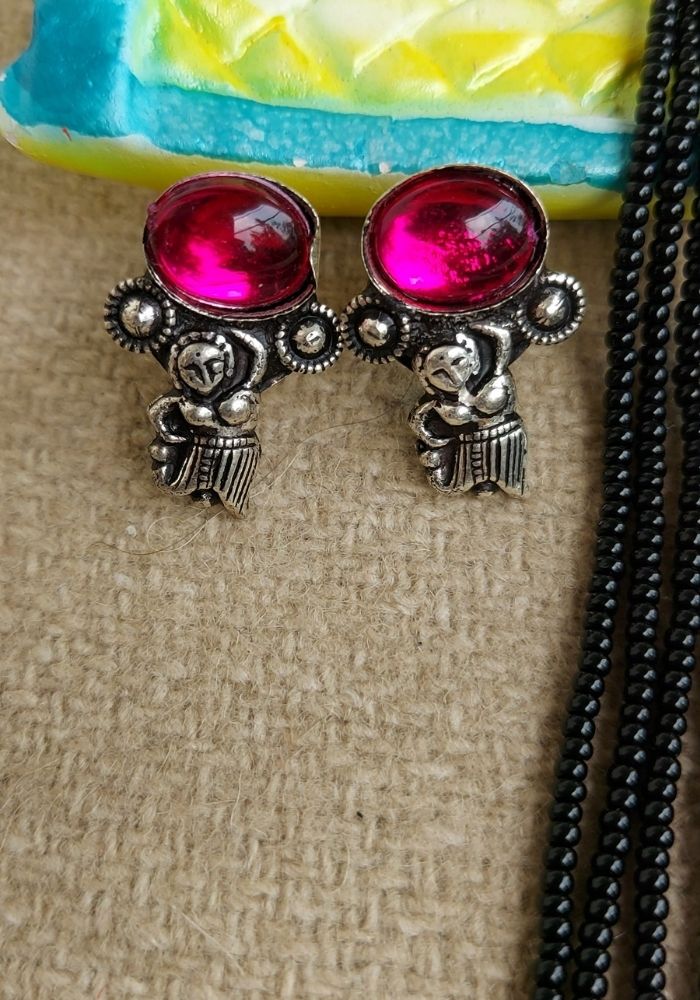 Vibrant Designer Oxidised Short Mangalsutra 8 with Intricate Silver Detailing and Vibrant Pink Stones from Mugdha Jewellery Store