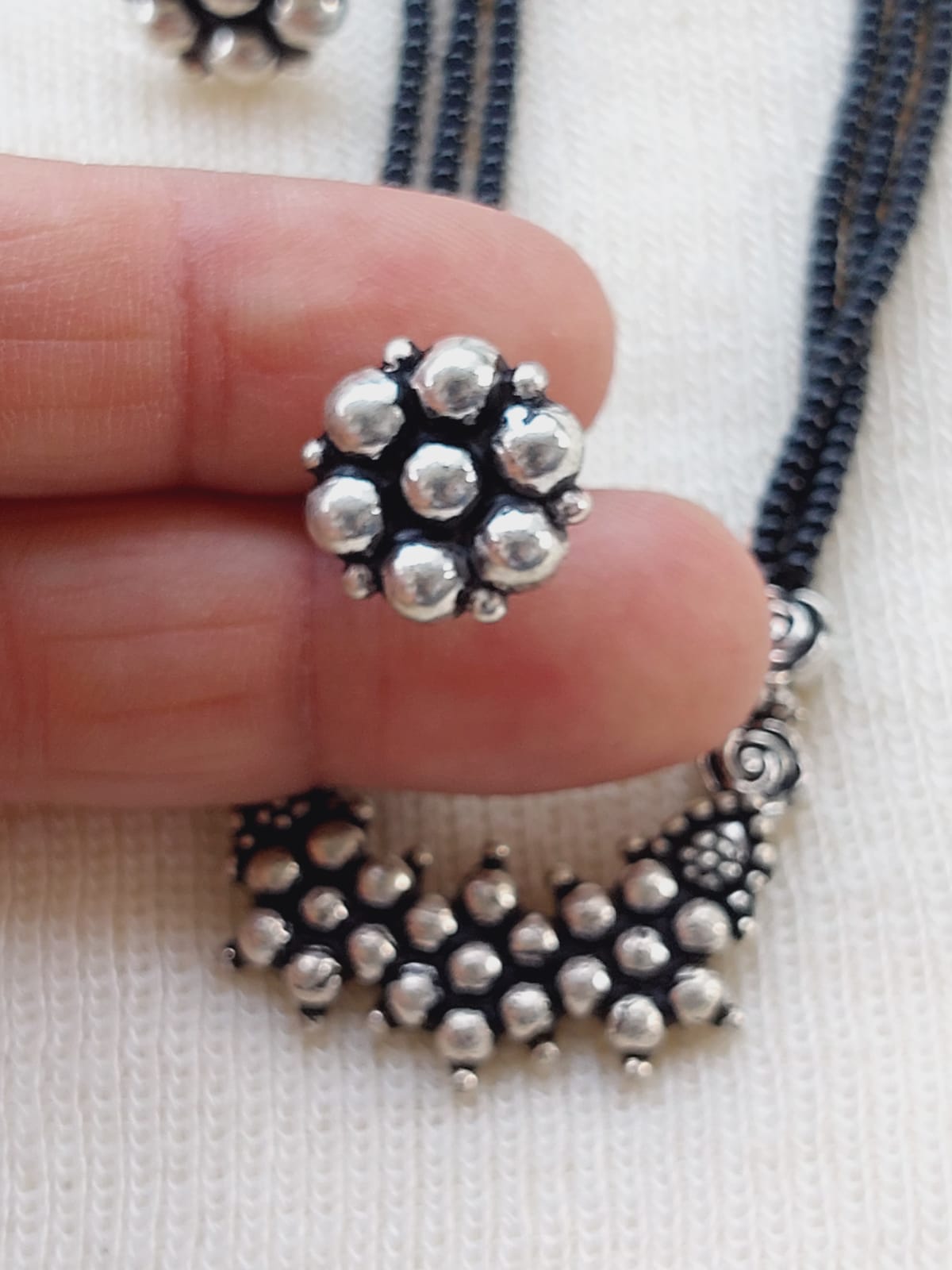 Oxidized Silver Floral Mangalsutra Pendant with Multiple Chains, Elegant Traditional Jewelry Piece from Mugdha Jewellery Store