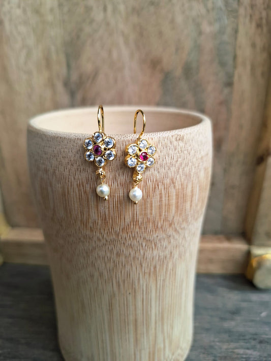 Simple Flower with Red Stone Bugdi cum Earring