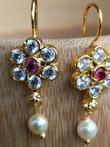 Simple Flower with Red Stone Bugdi cum Earring
