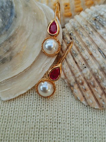 Red Stone Pearl Danglers