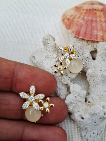 Cats Eye American Diamond Flower Earrings