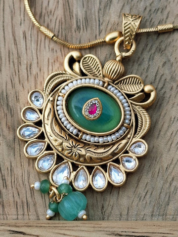 Rajwadi Green Stone Designer Necklace Set