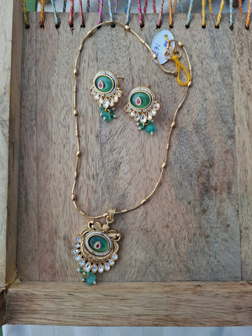 Rajwadi Green Stone Designer Necklace Set