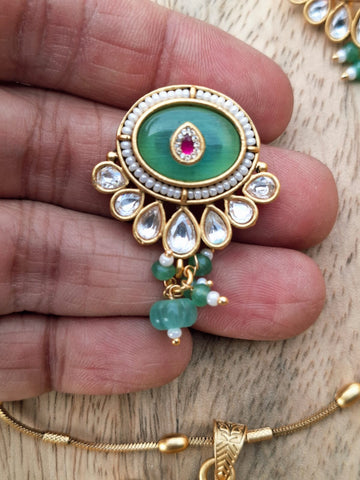 Rajwadi Green Stone Designer Necklace Set