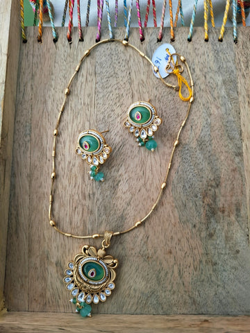 Rajwadi Green Stone Designer Necklace Set