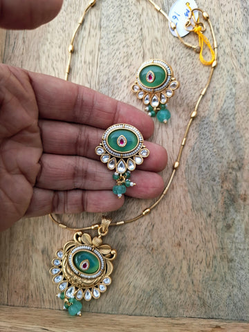 Rajwadi Green Stone Designer Necklace Set