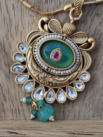 Rajwadi Green Stone Designer Necklace Set