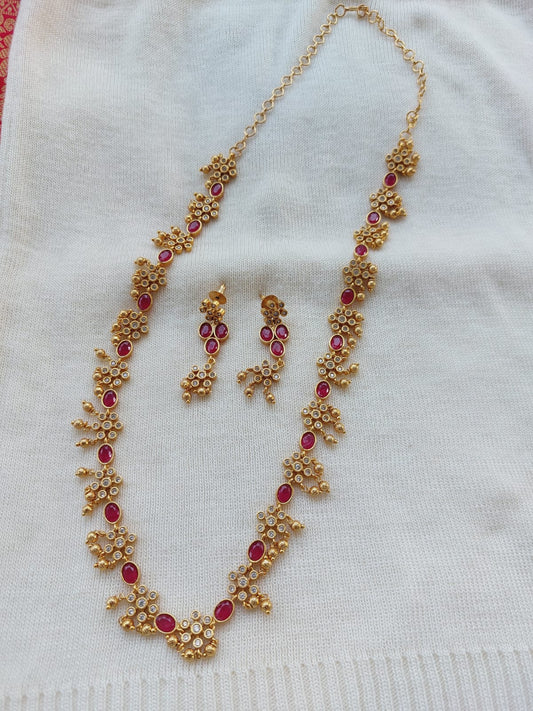 Designer Dark Pink Flower Long Necklace