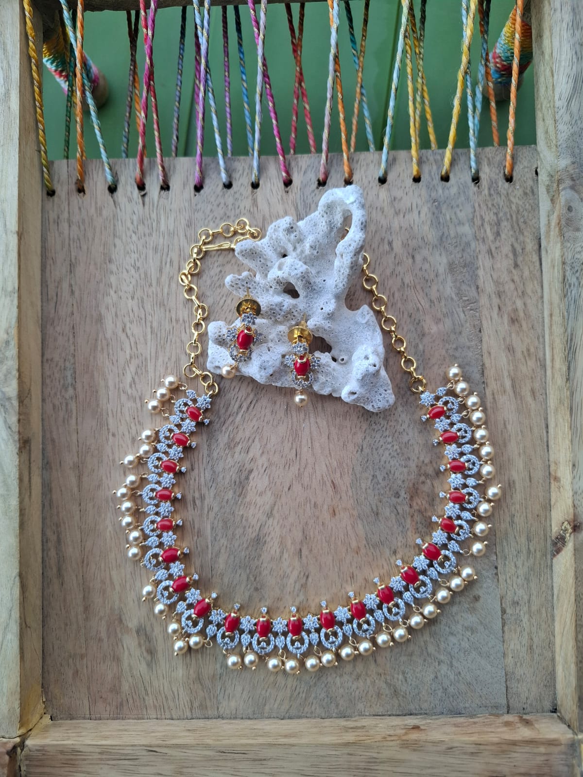 Designer American Diamond, Coral, Pearl Necklace Set