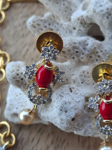 Designer American Diamond, Coral, Pearl Necklace Set