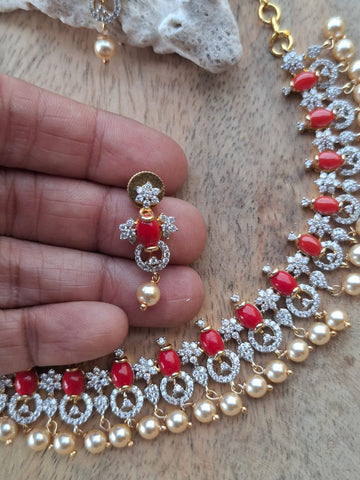 Designer American Diamond, Coral, Pearl Necklace Set