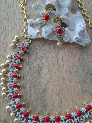 Designer American Diamond, Coral, Pearl Necklace Set