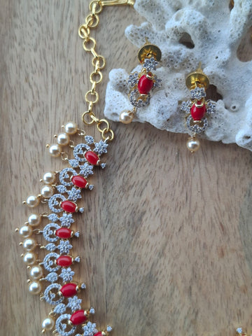 Designer American Diamond, Coral, Pearl Necklace Set