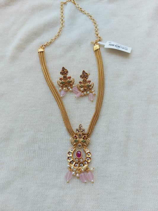 Designer Peacock Kundan Baby Pink Bead Set