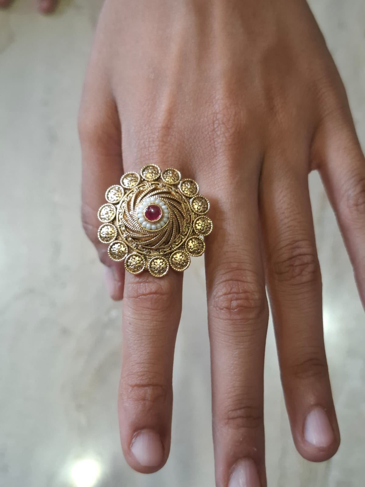 Pearl Red Stone Big Adjustable Finger Ring