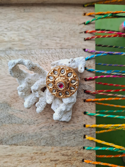 Kundan Flower Big Adjustable Finger Ring