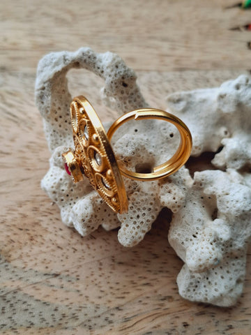 Kundan Flower Big Adjustable Finger Ring