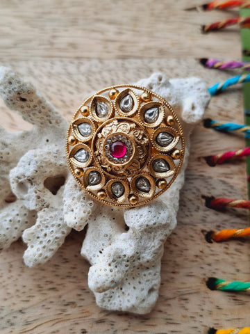 Kundan Flower Big Adjustable Finger Ring