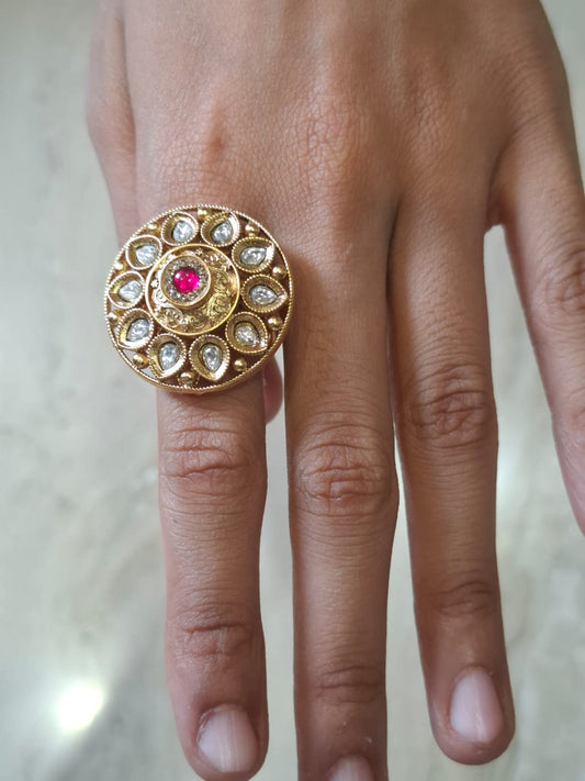 Kundan Flower Big Adjustable Finger Ring