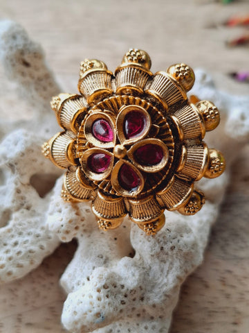 Red Stone Flower Big Adjustable Finger Ring