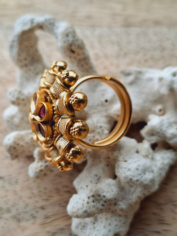 Red Stone Flower Big Adjustable Finger Ring