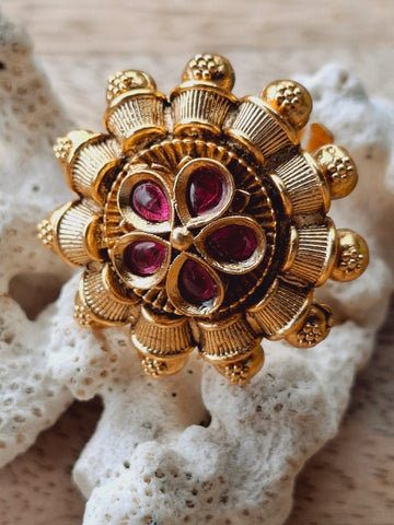 Red Stone Flower Big Adjustable Finger Ring