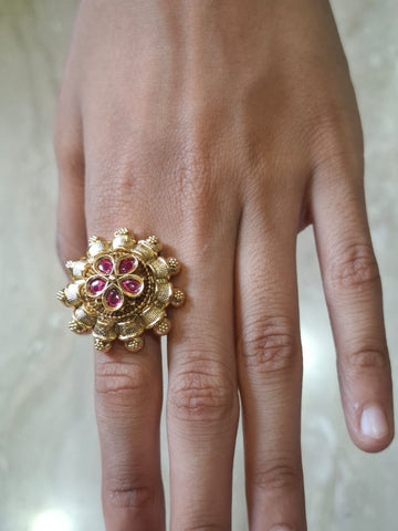 Red Stone Flower Big Adjustable Finger Ring