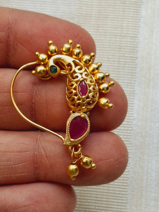 Peacock Red Stone Nath Golden