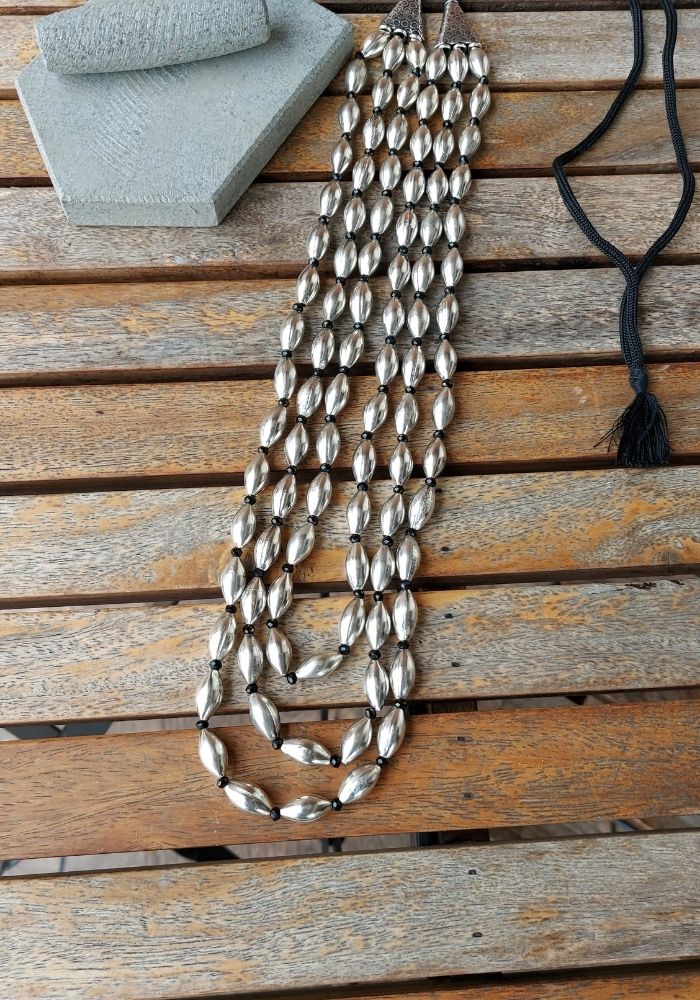 3 Lyre Dholki Bead Oxidised Long Necklace