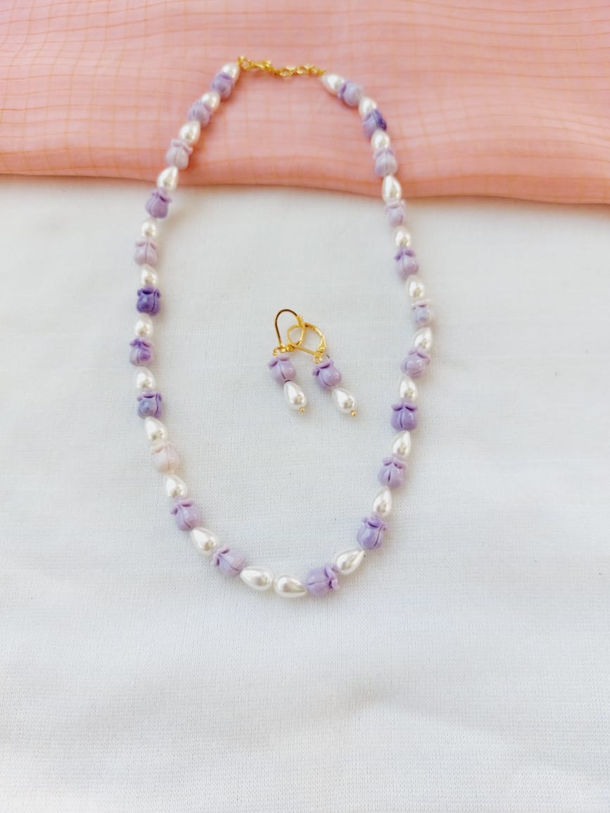 Rose Shaped Beads and Pearl Set (Voilet)