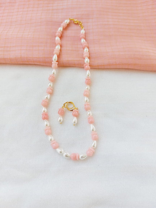 Rose Shaped Beads and Pearl Set (Baby Pink)