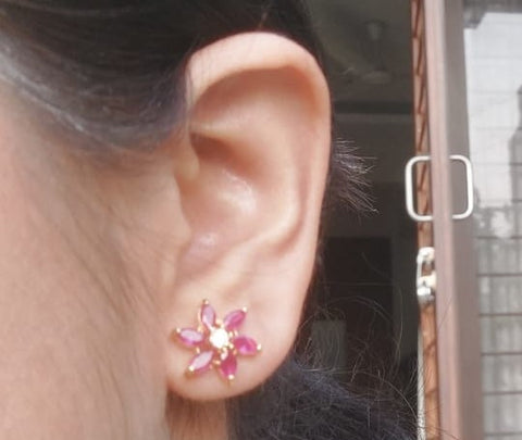 Dark Pink Stone Star Flower Stud Earrings