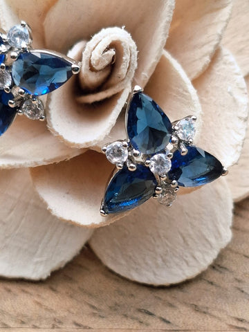 Superior Quality Dark Blue American Diamond Flower Stud Earrings