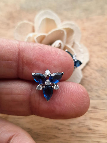 Superior Quality Dark Blue American Diamond Flower Stud Earrings
