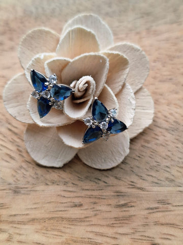 Superior Quality Dark Blue American Diamond Flower Stud Earrings