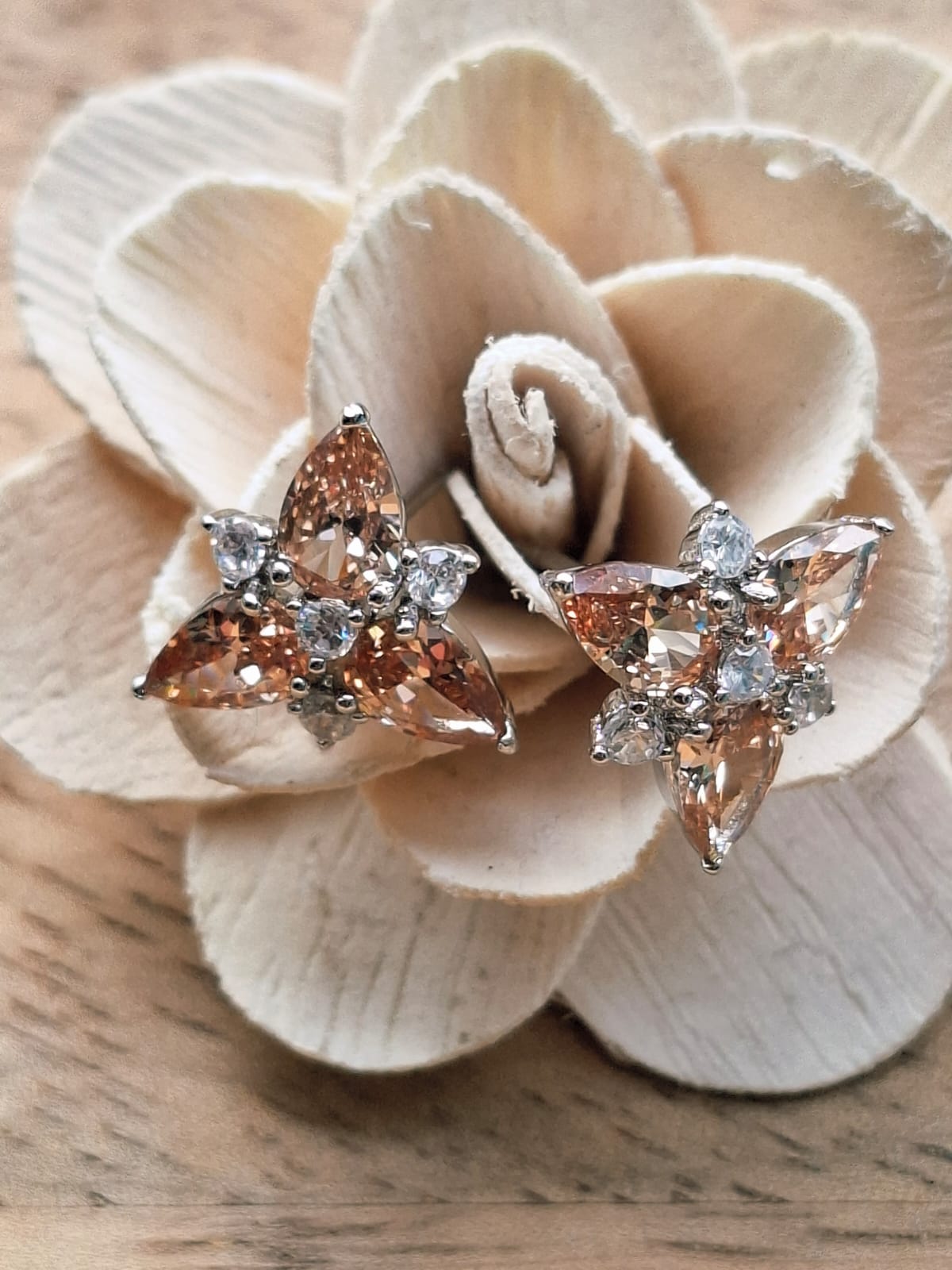 Superior Quality Light Orange American Diamond Flower Stud Earrings