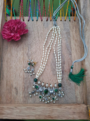 Exquisite Rice Pearls Oxidised Green White Tanmani