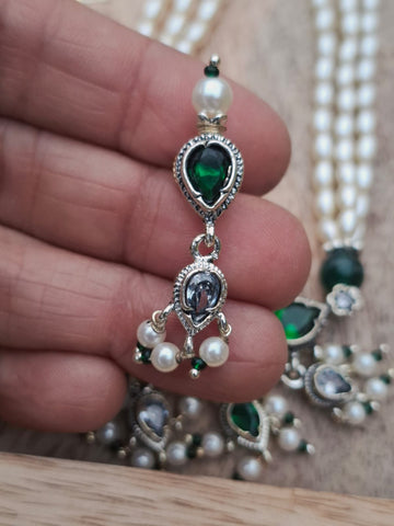 Exquisite Rice Pearls Oxidised Green White Tanmani