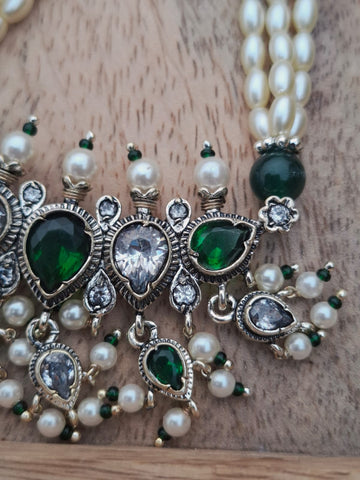 Exquisite Rice Pearls Oxidised Green White Tanmani