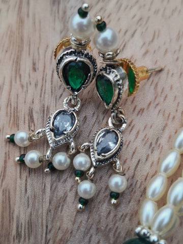Exquisite Rice Pearls Oxidised Green White Tanmani