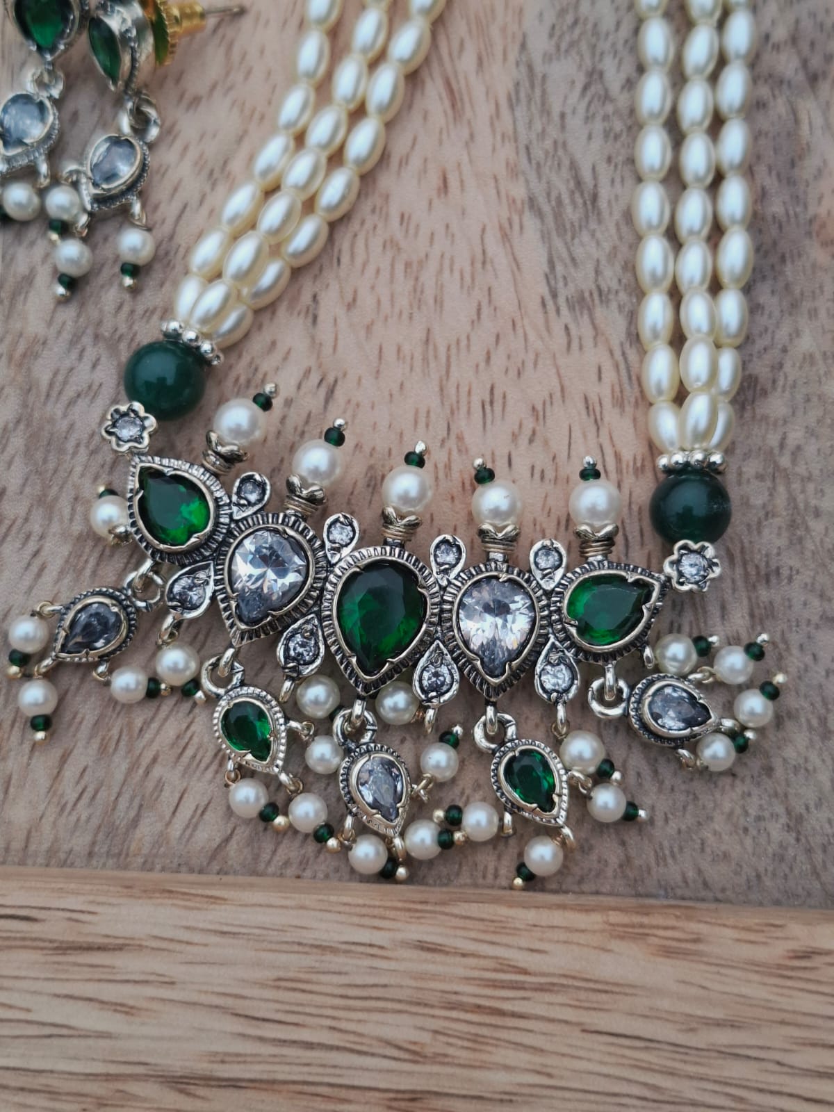 Exquisite Rice Pearls Oxidised Green White Tanmani