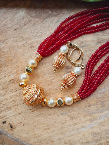 Evergreen Golden Red Bead Necklace Set (Swara)