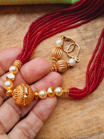 Evergreen Golden Red Bead Necklace Set (Swara)