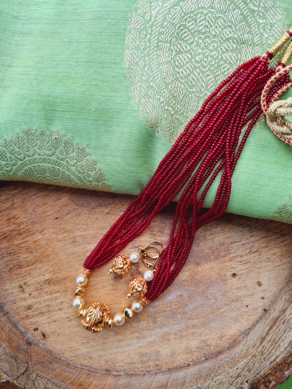 Evergreen Golden Red Bead Necklace Set (Mayuri)