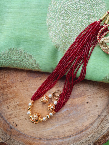 Evergreen Golden Red Bead Necklace Set (Mayuri)