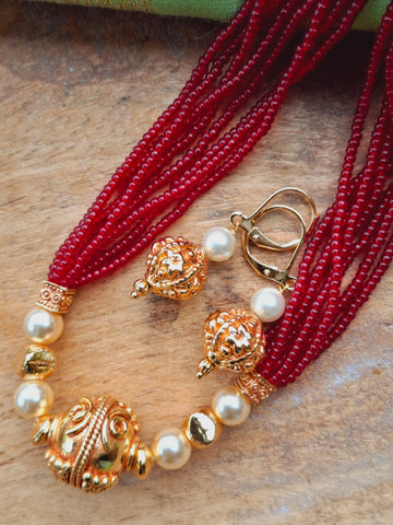 Evergreen Golden Red Bead Necklace Set (Mayuri)