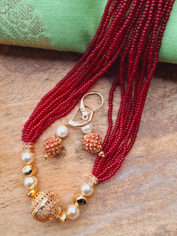 Evergreen Golden Red Bead Necklace Set (Vaidehi)