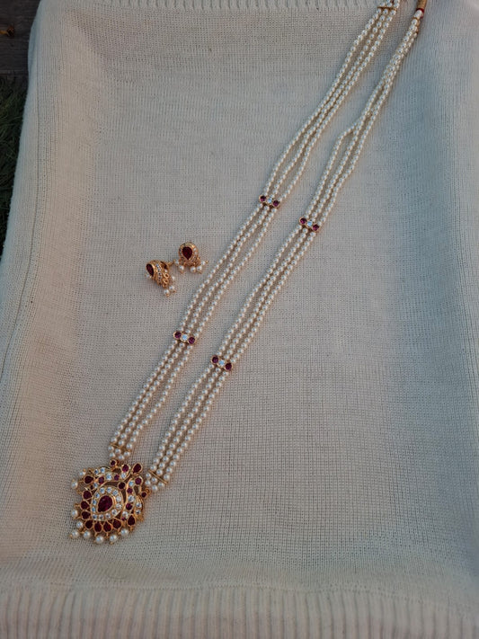 Two Peacock Pendant Badam Tanmani 3 Line Haar