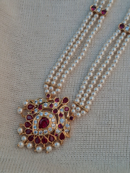 Two Peacock Pendant Badam Tanmani 3 Line Haar